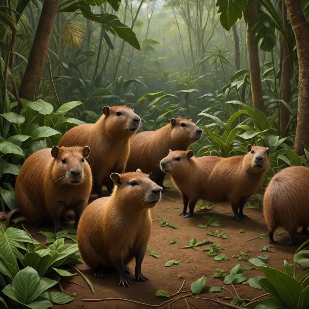 a group of animals standing in a forest filled with trees and plants and plants surrounding them, all looking at the camera, Chris LaBrooy, massurrealism, an illustration of, photoreal