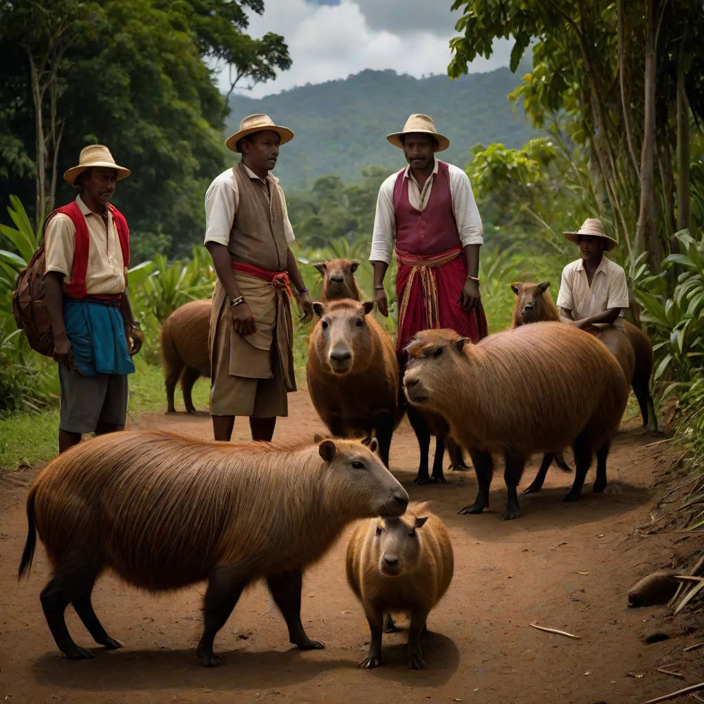 a group of men standing next to a herd of animals on a dirt road in front of a forest, Chris LaBrooy, sumatraism, a photo, animal photography