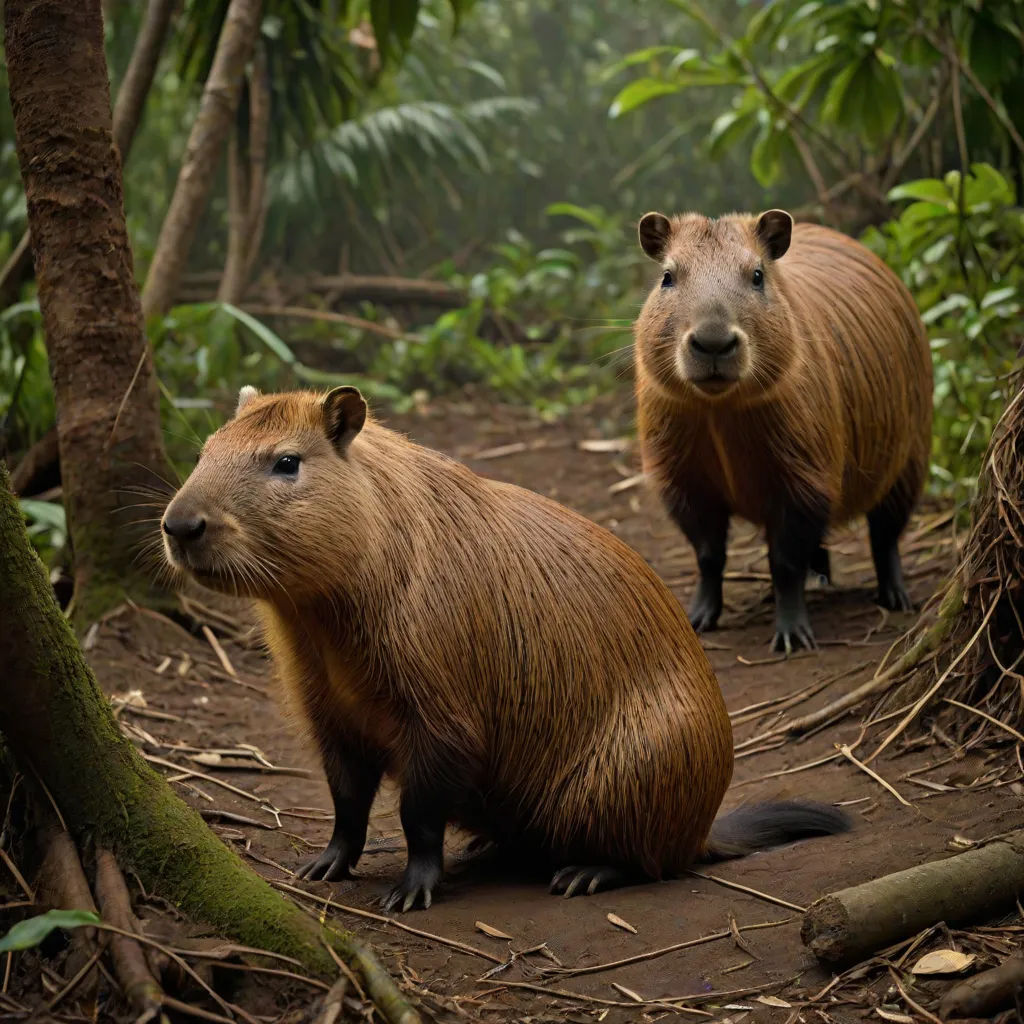 two brown animals standing on a dirt path in the woods near trees and bushes, with one of them looking at the camera, Boetius Adamsz Bolswert, rayonism, computer graphics, animal photography