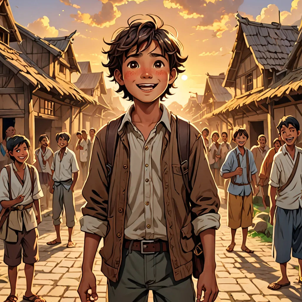 a boy standing in front of a group of people in a village with a sky background and a cartoon of him smiling, magical realism, a storybook illustration, Cedric Seaut (Keos Masons), official art