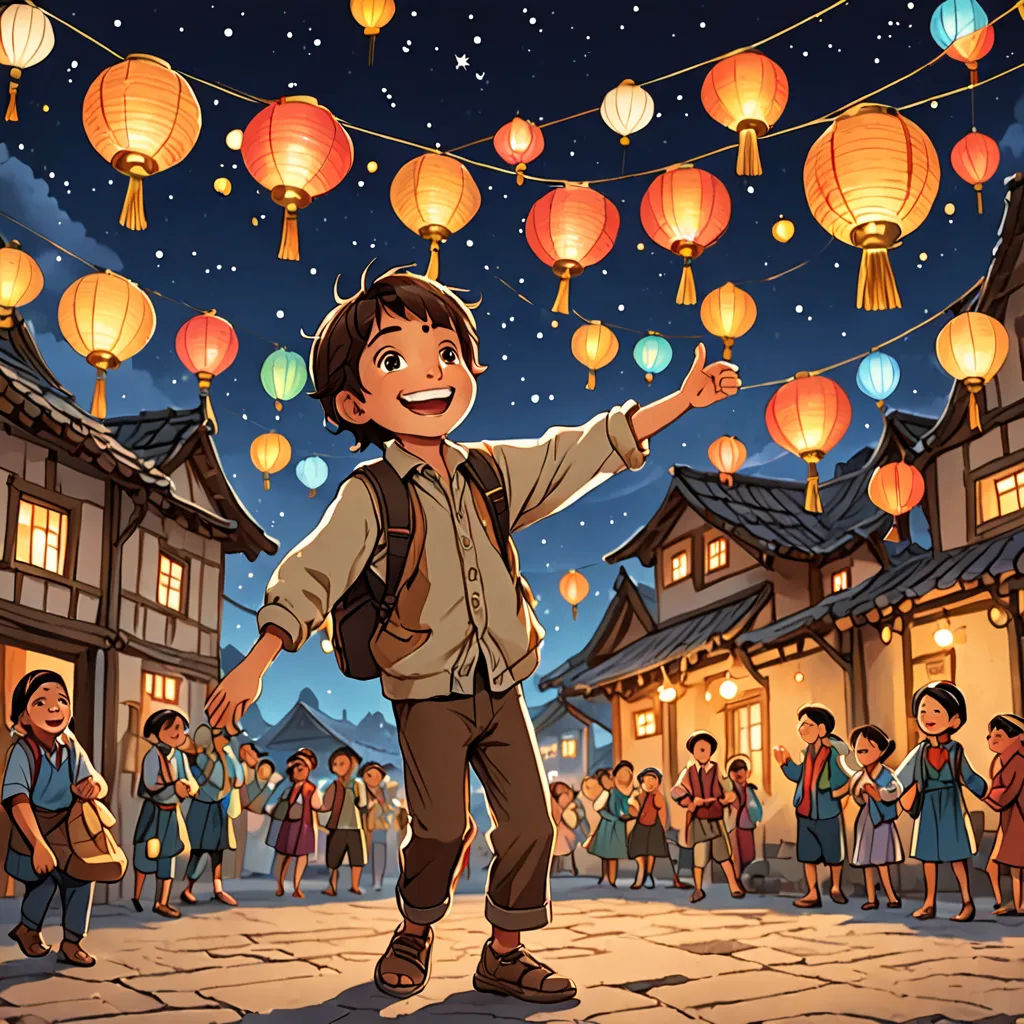 a boy is standing in front of a crowd of people with lanterns in the sky above him and a crowd of people standing around him, magical realism, a storybook illustration, Arthur Pan, official art