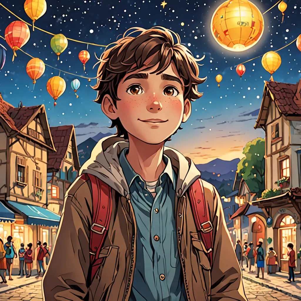 a boy standing in front of a street with a sky full of lanterns above him and a town with a lot of people, magical realism, a storybook illustration, David Park, rossdraws global illumination
