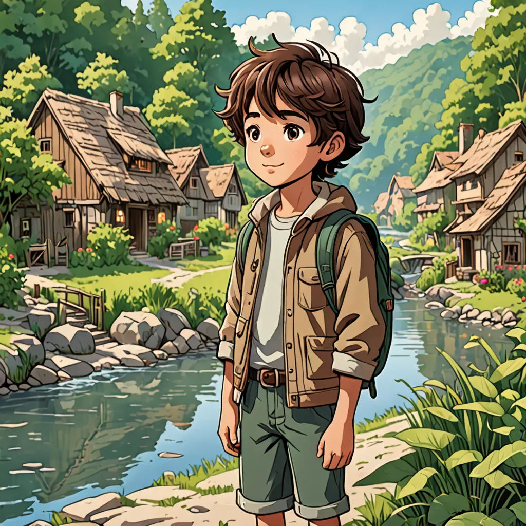 a boy standing in front of a river and a village with a river running through it and houses on the other side, environmental art, a character portrait, Cedric Seaut (Keos Masons), official art