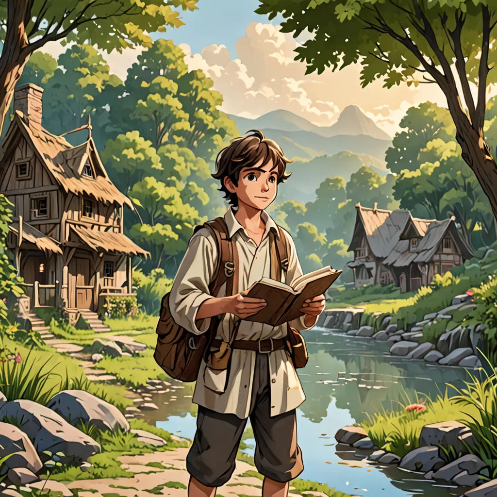 a boy is standing in the woods reading a book and looking at the camera with a river running through it, fantasy art, a storybook illustration, Cedric Seaut (Keos Masons), storybook illustration