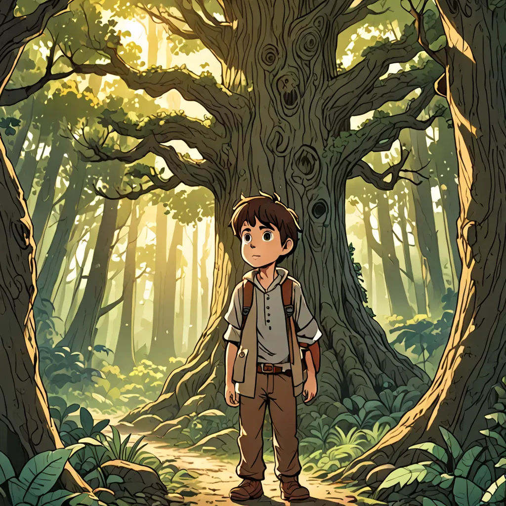 a boy standing in the middle of a forest with a backpack on his back and a tree in the background, fantasy art, poster art, Diego Gisbert Llorens, official art