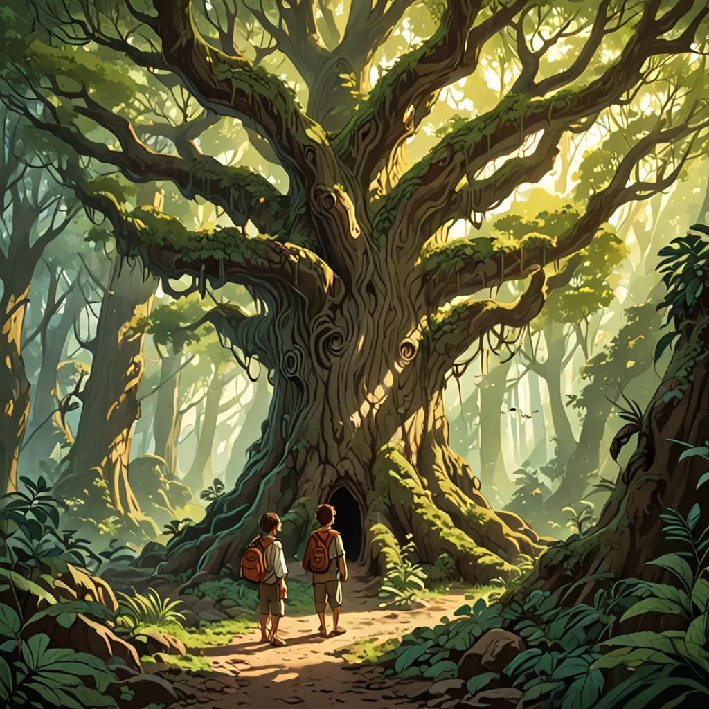 two people walking in the woods towards a huge tree with a trunk on it's trunk and a trail leading to it, fantasy art, a storybook illustration, Dan Mumford, rossdraws global illumination