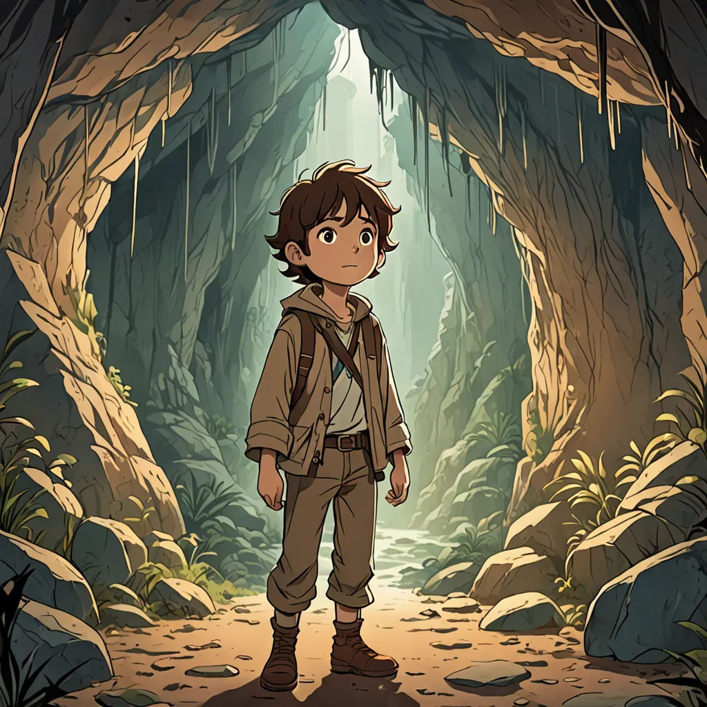 a boy standing in a cave with a light at the end of the tunnel and a cave behind him, fantasy art, concept art, Diego Gisbert Llorens, rossdraws global illumination