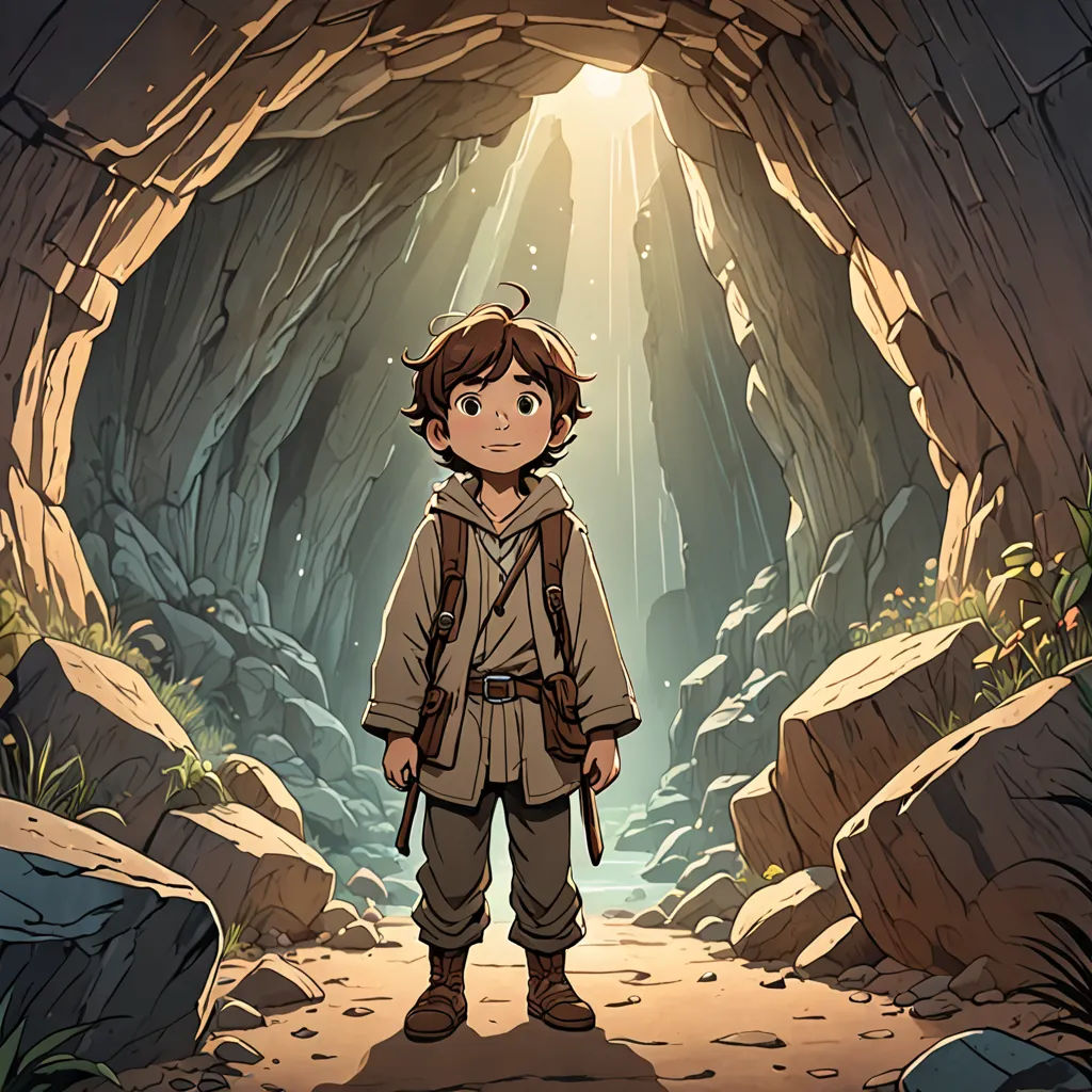a boy standing in a cave with a light coming from the entrance to him and a cave in the background, fantasy art, concept art, Diego Gisbert Llorens, official art