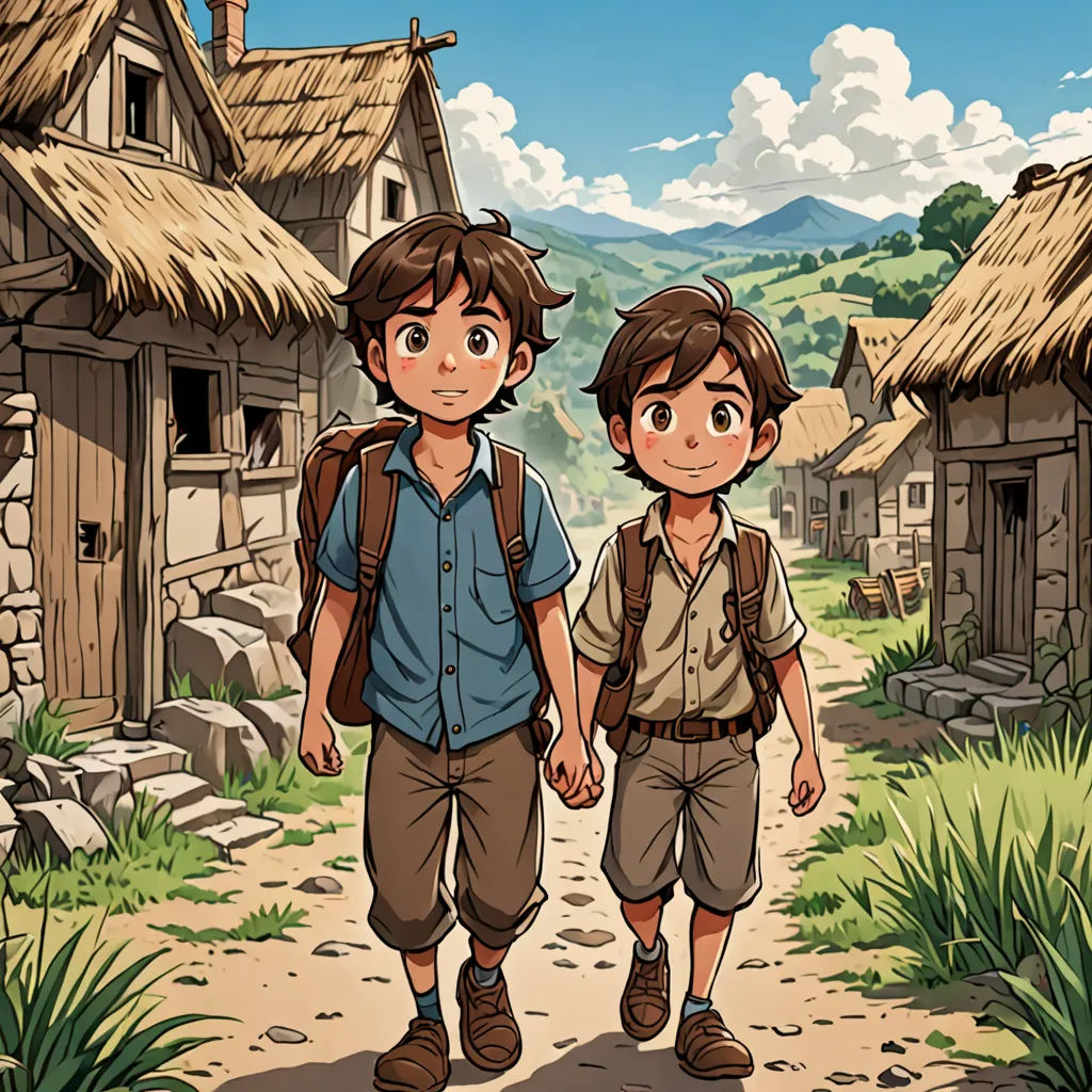 two young boys walking down a dirt road past a village with thatched roofs and a stone wall with a thatched roof, fantasy art, a storybook illustration, Diego Gisbert Llorens, official art
