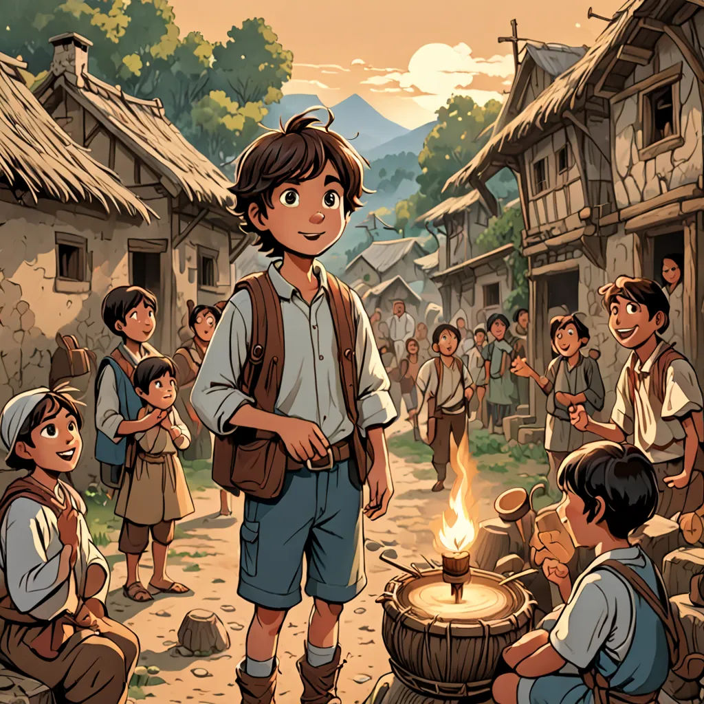 a boy standing in front of a fire with a group of people around him and a village in the background, fantasy art, a storybook illustration, Diego Gisbert Llorens, official art