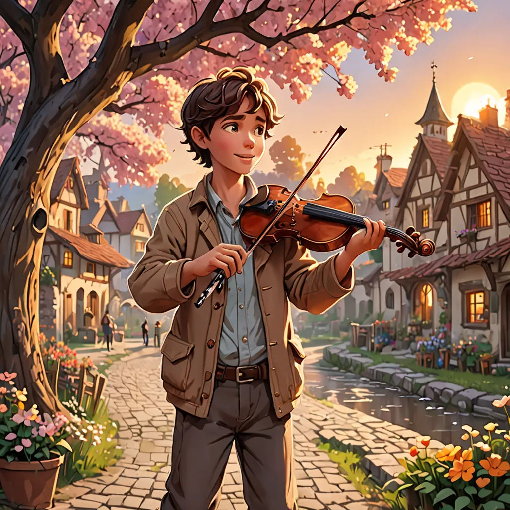 a man playing a violin in front of a tree with flowers in bloom and a house in the background, fantasy art, a storybook illustration, Brothers Hildebrandt, kinkade