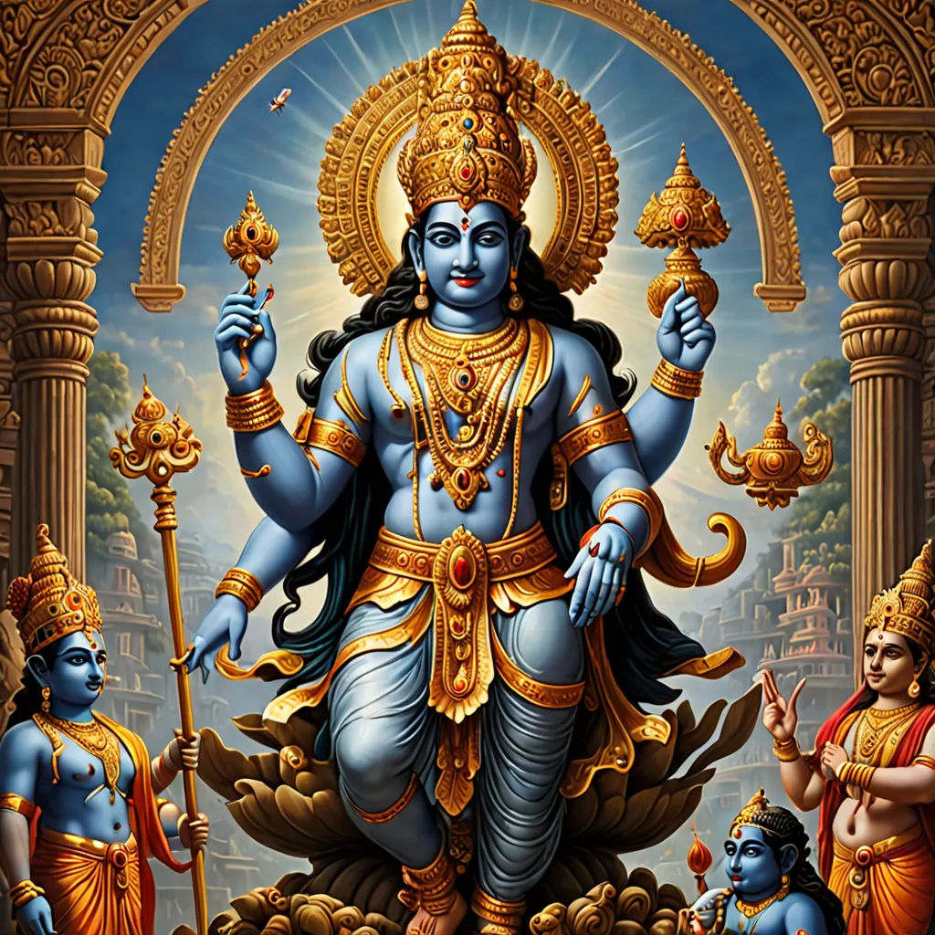 a painting of a god with many people around him and a blue background with a gold border around it, Bholekar Srihari, samikshavad, a detailed painting, divine
