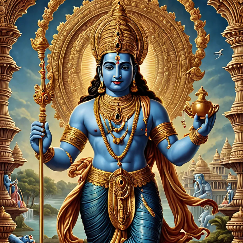 a painting of a god with a golden crown and a golden staff in his hand, surrounded by other statues, Bholekar Srihari, samikshavad, a detailed painting, highly detailed digital painting