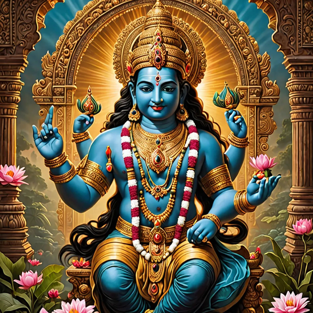 a painting of a god sitting on a throne with flowers around him and a lotus in the foreground, Bholekar Srihari, samikshavad, computer graphics, jayison devadas