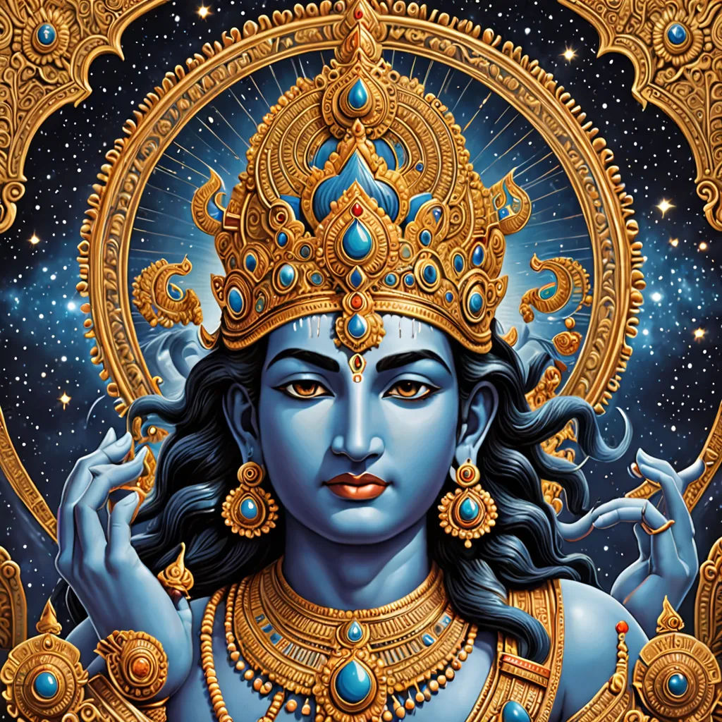 a painting of a woman with a crown on her head and a blue body with gold accents and a blue background, Bholekar Srihari, samikshavad, a detailed painting, highly detailed digital painting