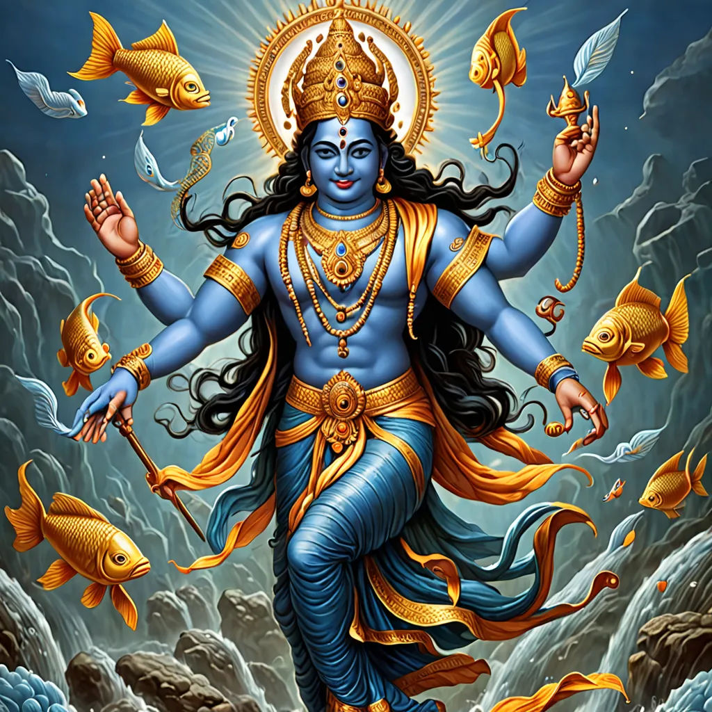 a painting of a god with fish around him and a fish in his hand, in the middle of a painting, Bholekar Srihari, samikshavad, a detailed painting, 4k uhd image