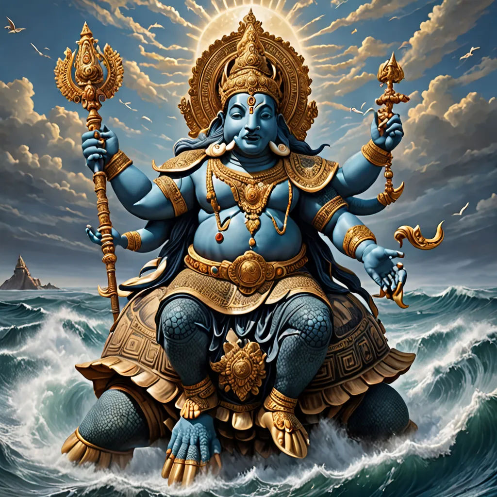 a painting of a god in the ocean with a sword and a halo on his head and a ship in the background, Ella Guru, samikshavad, a detailed painting, highly detailed digital painting