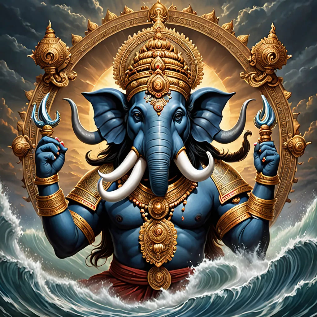 a painting of a blue elephant with a gold crown on its head and a white tusk on its body, Anne Stokes, samikshavad, a detailed painting, highly detailed digital painting