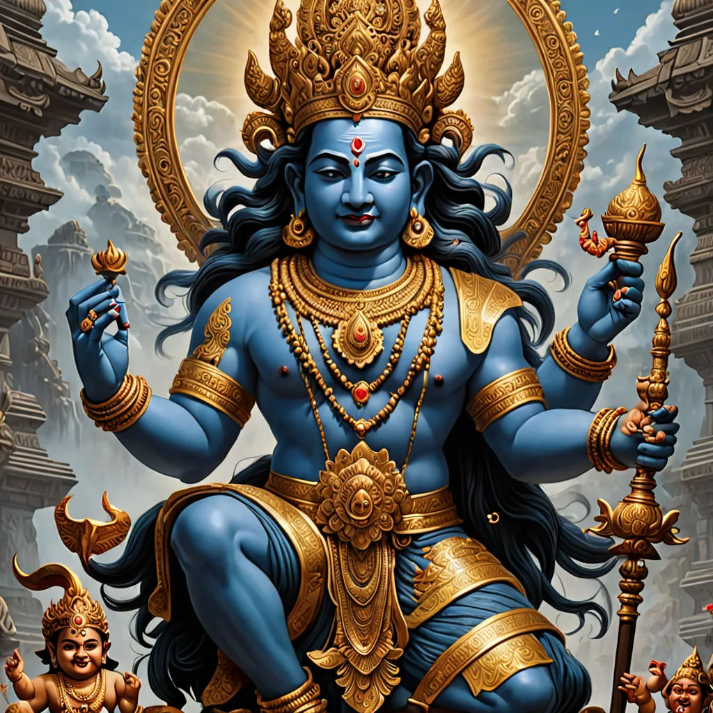 a painting of a god with a sword and other people around him in a temple setting with clouds and blue sky, Bholekar Srihari, sumatraism, a detailed painting, highly detailed digital painting