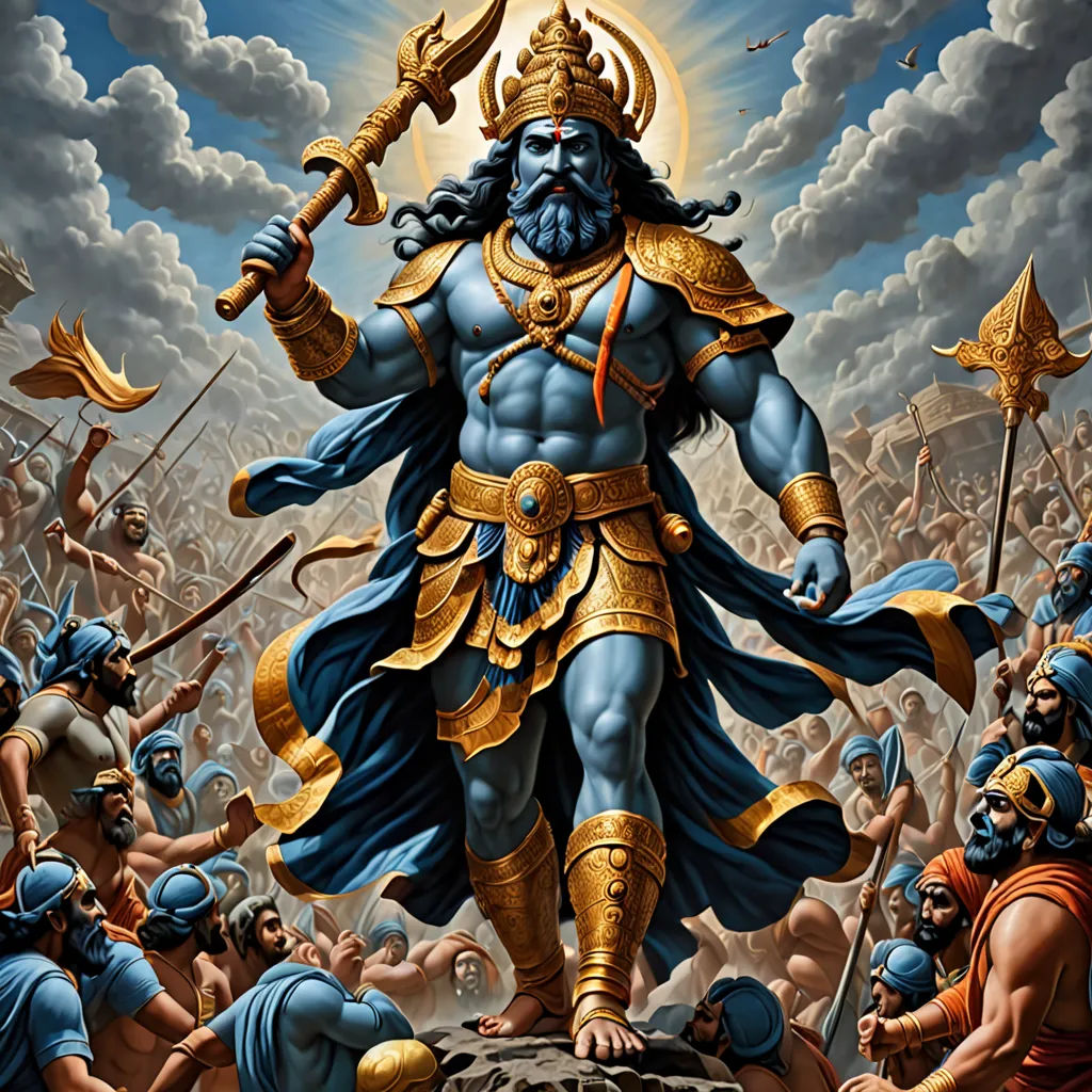 a painting of a god surrounded by other men and women in a battle with a sky background and clouds, Bholekar Srihari, sumatraism, a statue, epic fantasy character art