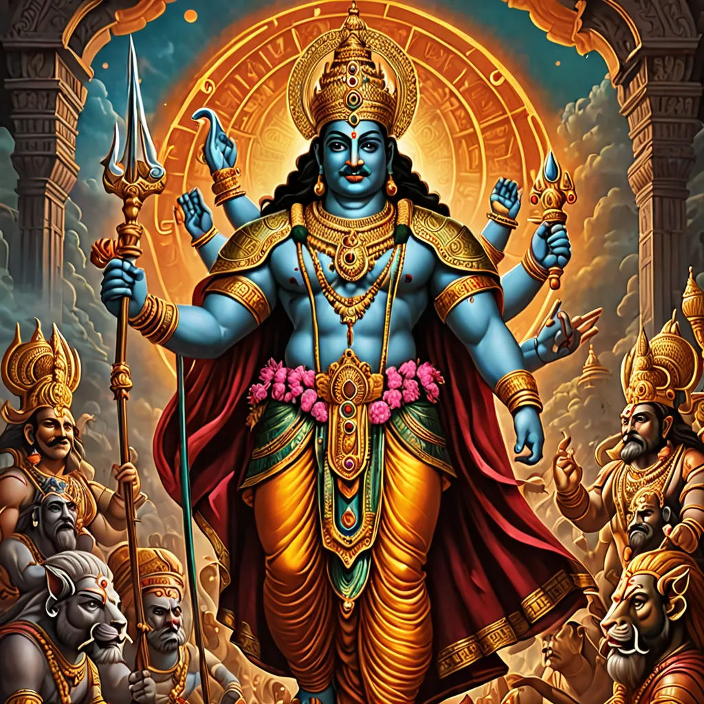 a painting of a god surrounded by other gods and monsters in a temple setting with a sun in the background, Bholekar Srihari, samikshavad, a detailed painting, jayison devadas
