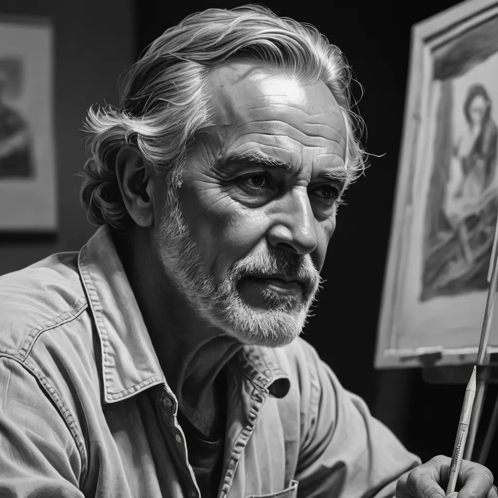 a man with a beard holding a paintbrush in his hand and looking at the camera with a serious look on his face, figurative art, an ultrafine detailed painting, Breyten Breytenbach, photorealistic portrait