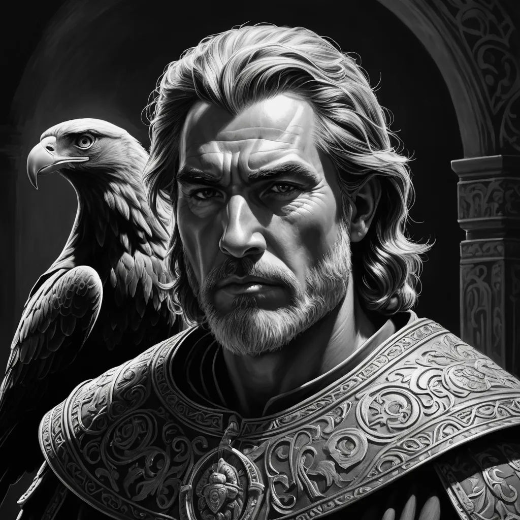 a man with a beard and a beard wearing a suit of armor and a bird on his shoulder, with a black background, fantasy art, an ultrafine detailed painting, Art of Brom, epic fantasy character art