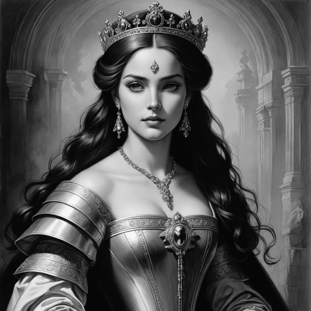 a woman in a dress with a tiara on her head and a crown on her head, in a black and white photo, gothic art, an ultrafine detailed painting, Anne Stokes, highly detailed digital painting