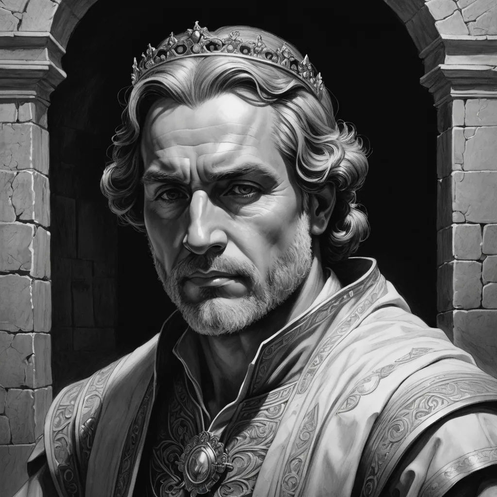 a drawing of a man in a crown and a robe with a beard and a beardlocke on, sots art, an ultrafine detailed painting, Charlie Bowater, epic fantasy character art