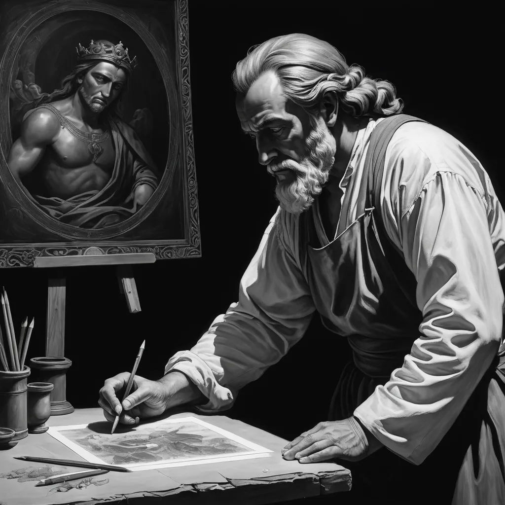 a man is painting a picture in a black and white photo with a brush and a pen in his hand, classical realism, an ultrafine detailed painting, Carel Willink, highly detailed oil painting