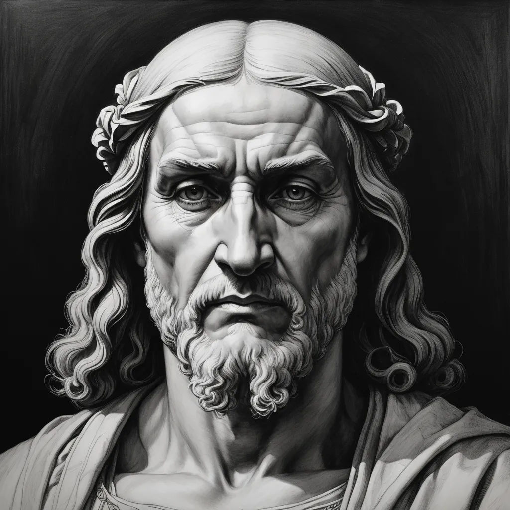 a black and white drawing of a man with long hair and beards wearing a crown and a beard, classical realism, an ultrafine detailed painting, Dürer, highly detailed digital painting