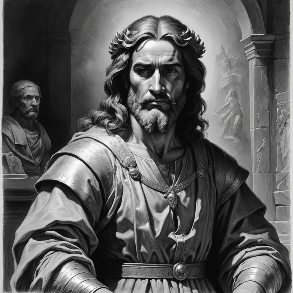 a black and white drawing of jesus in a religious setting with two men behind him, one of which is wearing a crown, gothic art, an ultrafine detailed painting, Donato Giancola, highly detailed oil painting