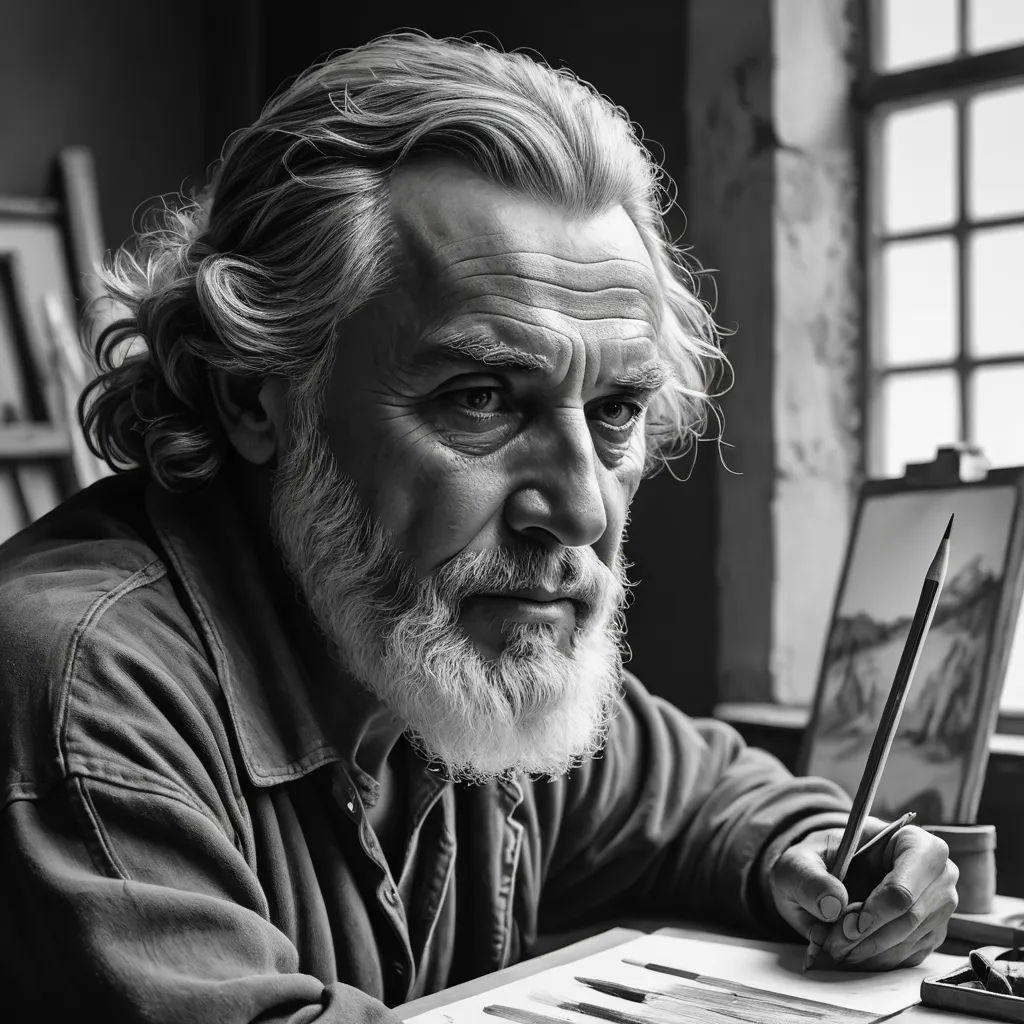 a man with a beard and a beard sitting at a desk with a pencil and a painting on it, arts and crafts movement, an ultrafine detailed painting, Augustus John, photorealistic portrait
