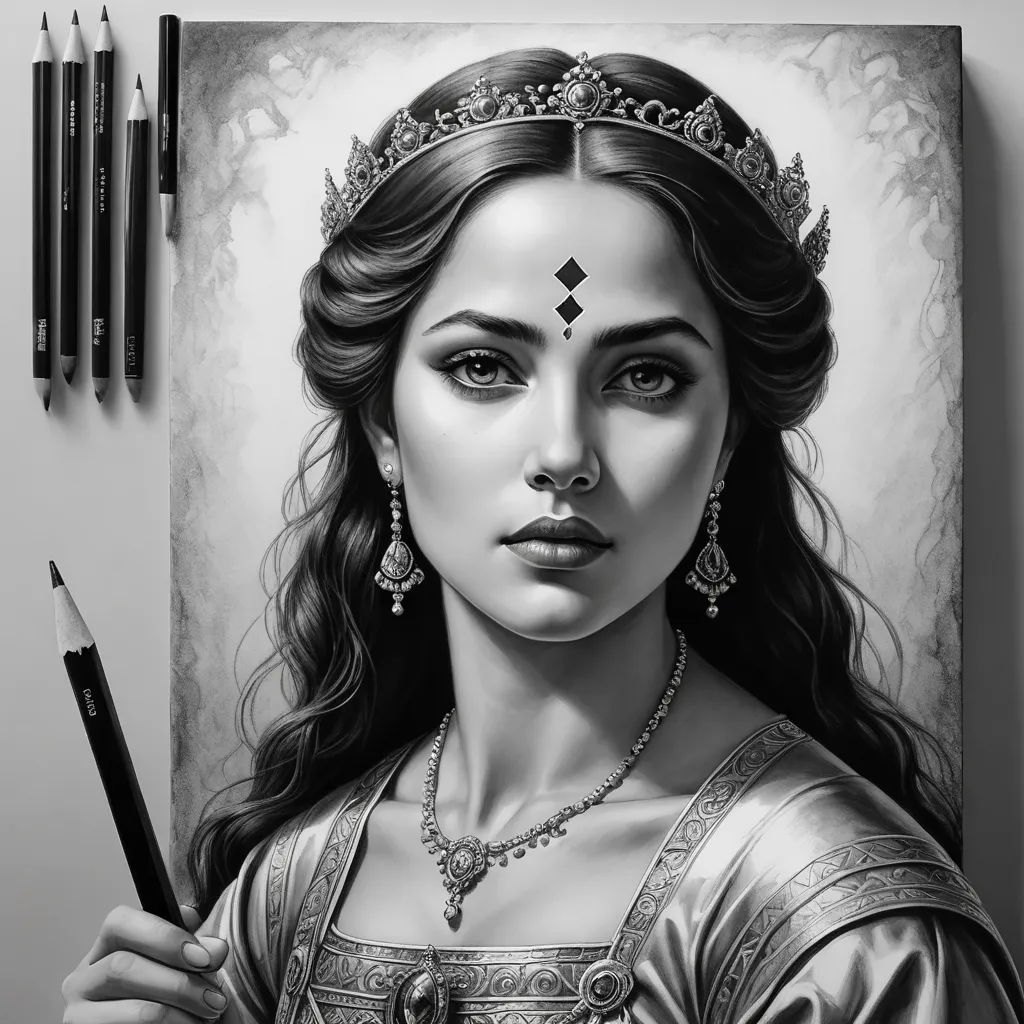 a drawing of a woman with a crown on her head and a pen in her hand next to a drawing of a woman with a cross on her forehead, fantasy art, an ultrafine detailed painting, Artgerm, highly detailed digital painting