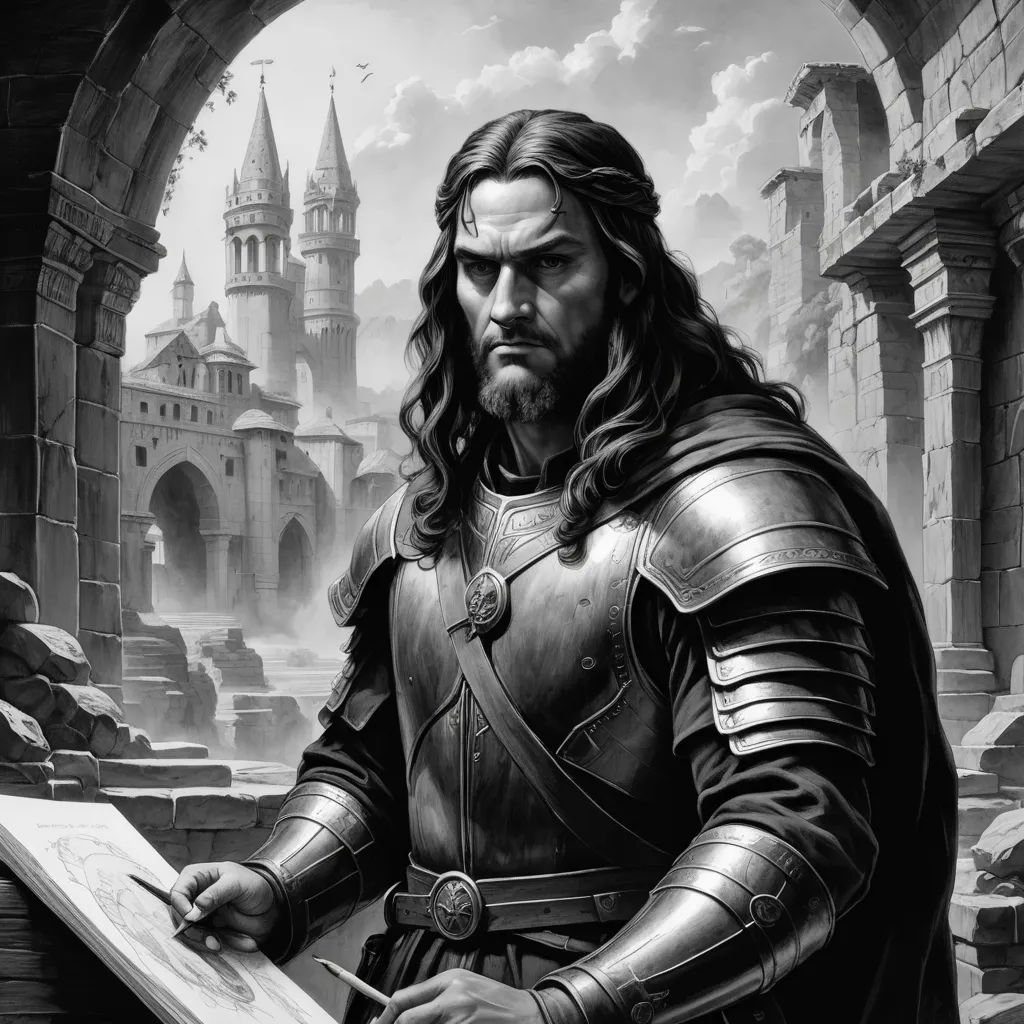 a man in armor holding a paper and a pen in his hand in front of a castle entrance with a castle, fantasy art, an ultrafine detailed painting, Donato Giancola, epic fantasy character art
