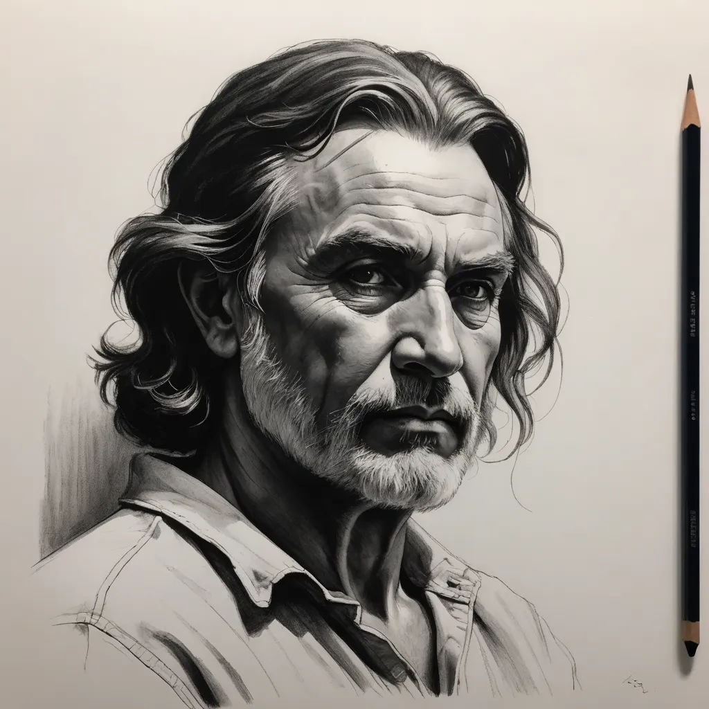 a drawing of a man with long hair and a beard, with a pencil in his hand, looking at the camera, hyperrealism, a charcoal drawing, Arie Smit, leesha hannigan