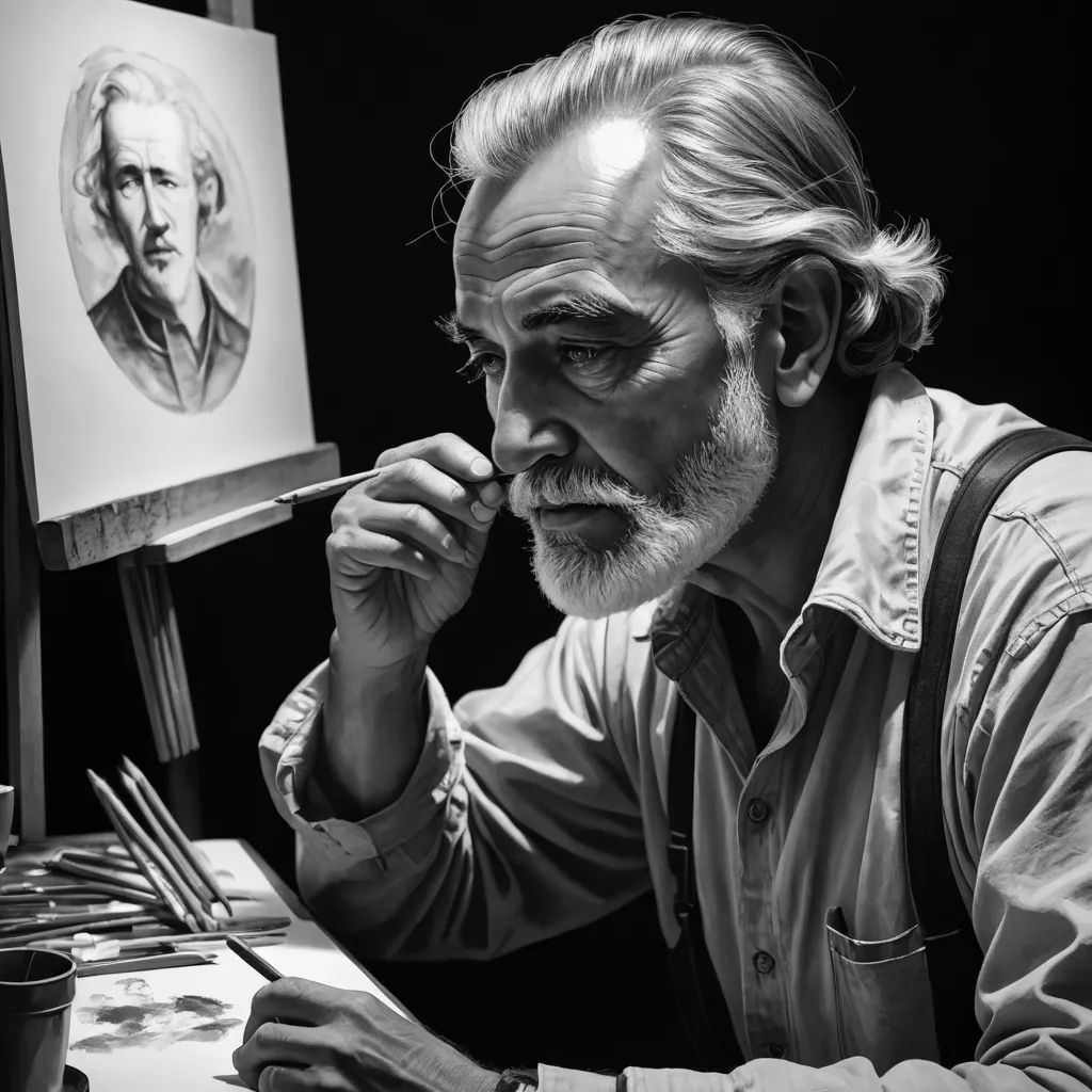 a man sitting at a table with a painting on it's easel and a cup of coffee, figurative art, an ultrafine detailed painting, Drew Struzan, photorealistic portrait