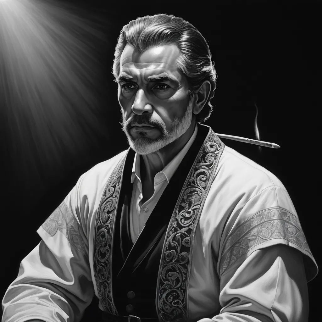 a man with a cigarette in his hand and a light shining down on him from behind him, in a black and white photo, digital art, an ultrafine detailed painting, Altoon Sultan, dnd character art portrait