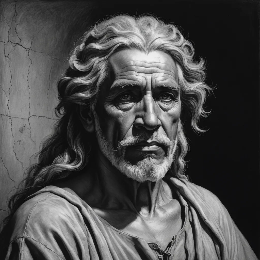 a drawing of a man with long hair and a beard, wearing a robe and a cross necklace, looking to the side, figurative art, an ultrafine detailed painting, Donato Giancola, highly detailed digital painting
