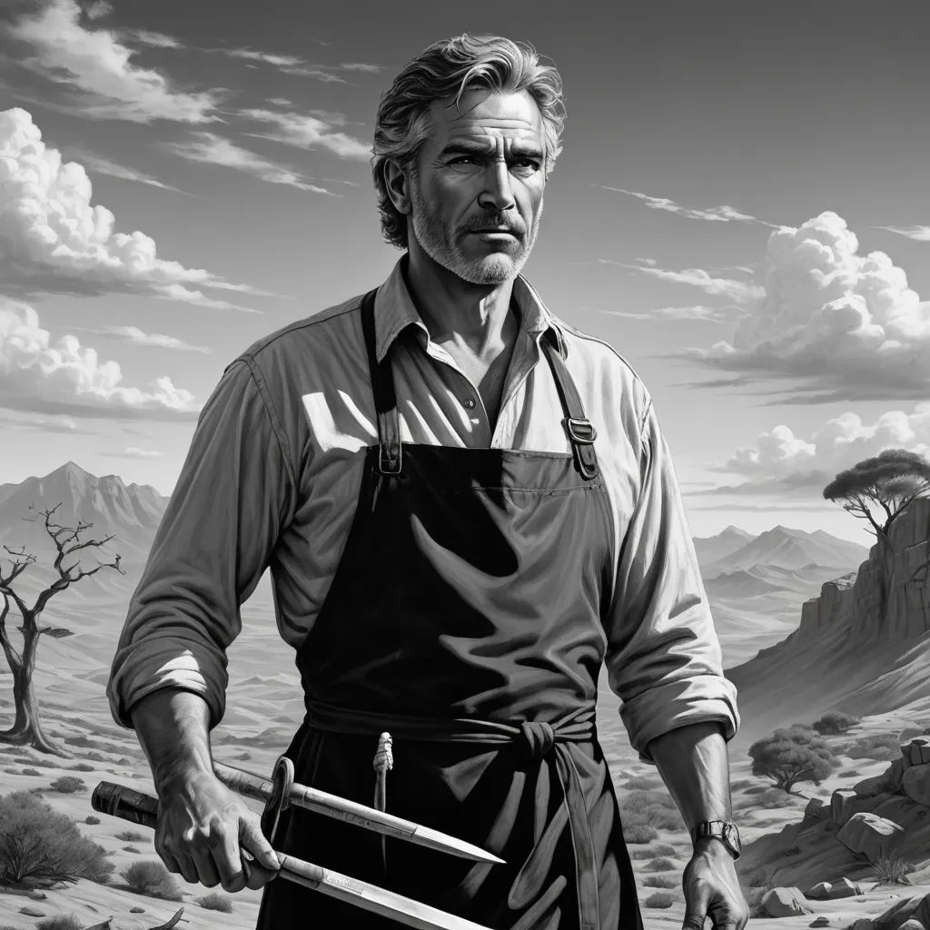 a man holding a large pair of scissors in his hands in a desert landscape with a mountain in the background, socialist realism, an ultrafine detailed painting, F. Scott Hess, tom of finland