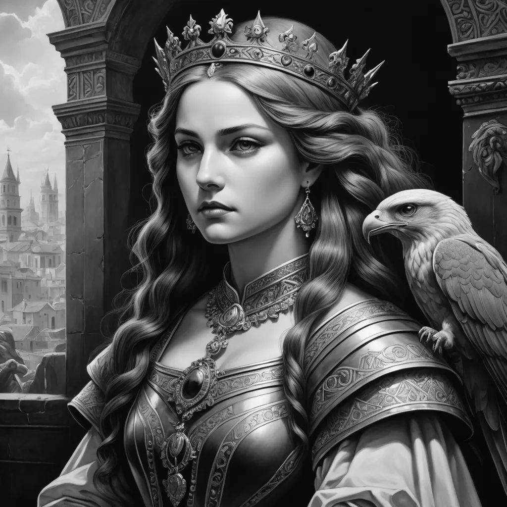 a woman in a crown and a bird on her shoulder, with a city in the background, and a castle in the background, fantasy art, an ultrafine detailed painting, Charlie Bowater, highly detailed digital painting