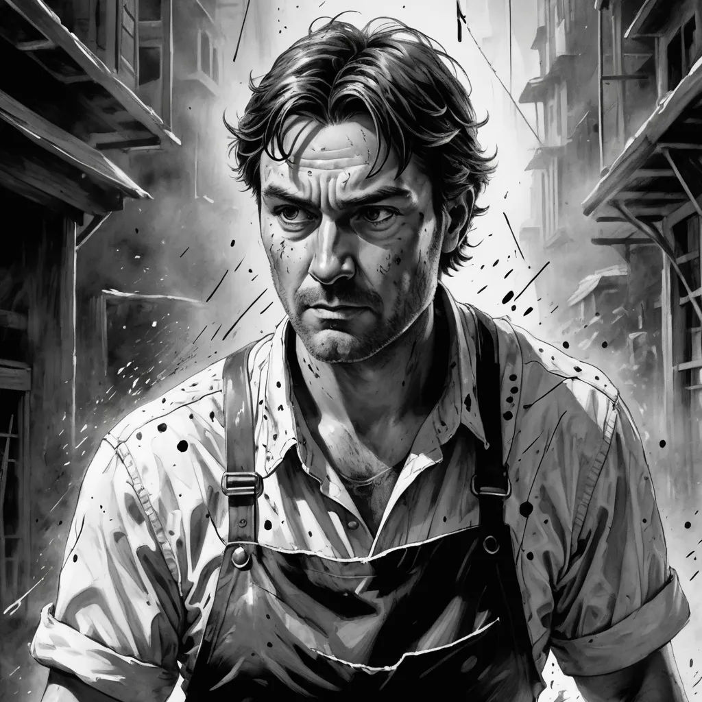 a man with a knife in his hand and a building in the background with smoke coming out of it, new objectivity, a comic book panel, David Palumbo, graphic novel