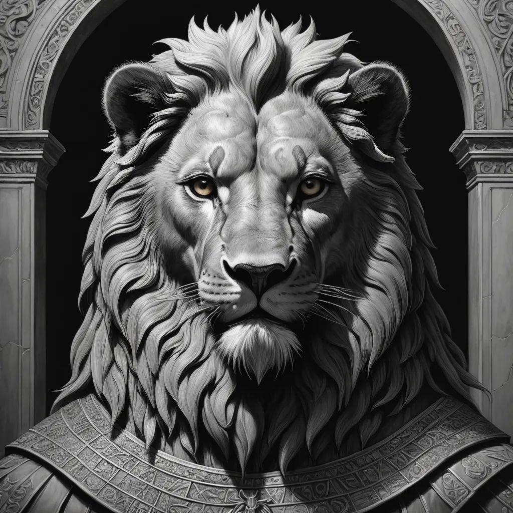 a lion with a helmet and a coat of armor on it's head is shown in black and white, fantasy art, an ultrafine detailed painting, Edgar Ainsworth, highly detailed digital painting