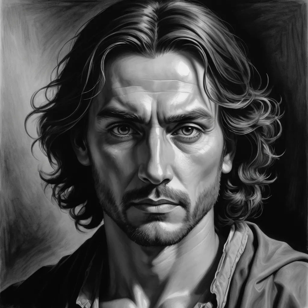 a drawing of a man with long hair and a beard, wearing a shirt and looking at the camera, figurative art, an ultrafine detailed painting, Art of Brom, highly detailed digital painting