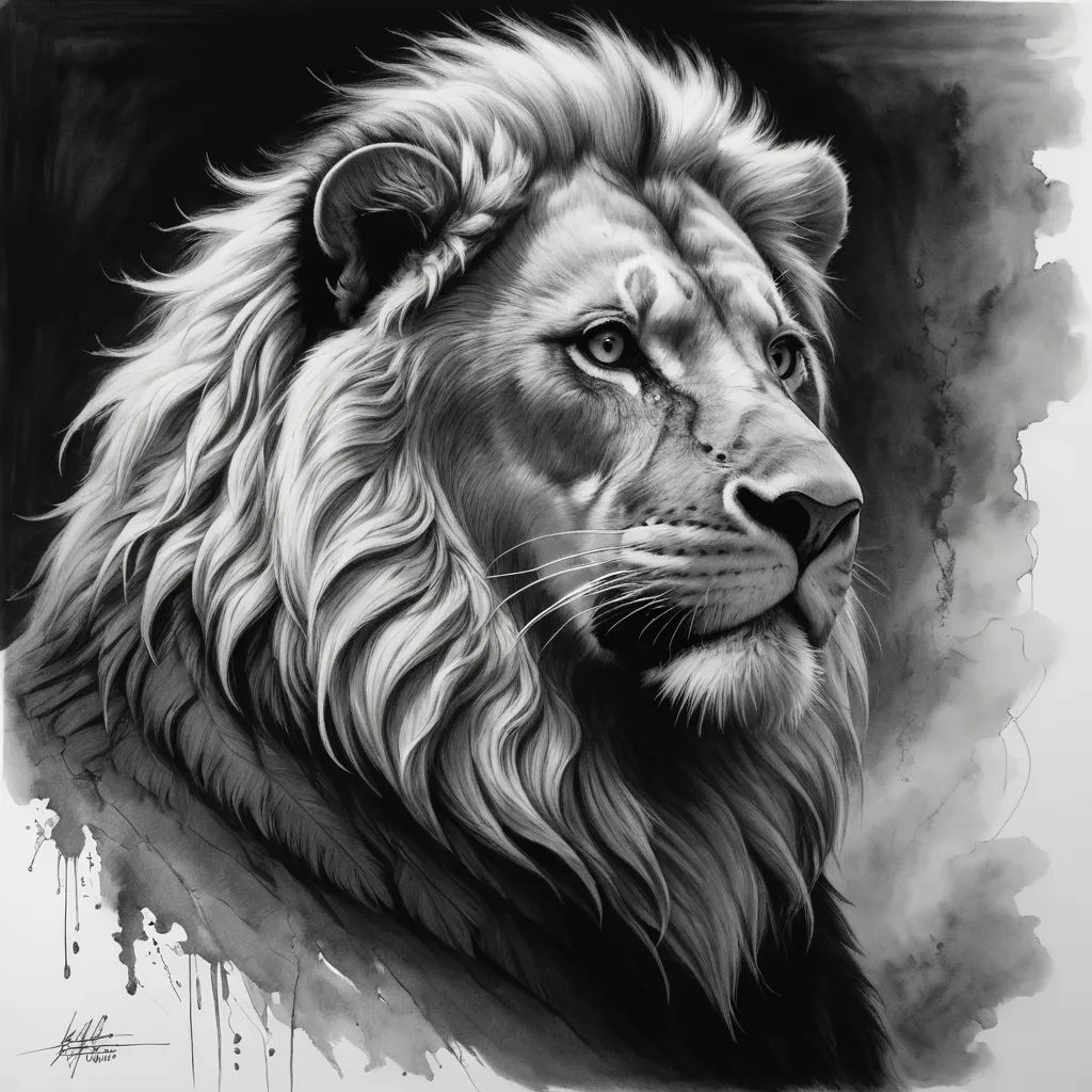 a black and white drawing of a lion's head with a black background and a white background with a black border, modern european ink painting, an airbrush painting, artist, airbrush on canvas
