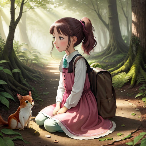 A brown girl scientist with short brown hair with a bulbasaur, in a magical  forest