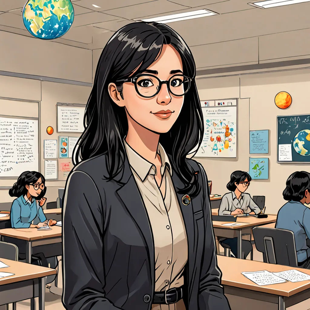 a cartoon of a woman in a classroom with a globe above her head and a globe above her head, academic art, a character portrait, Ayako Rokkaku, official art