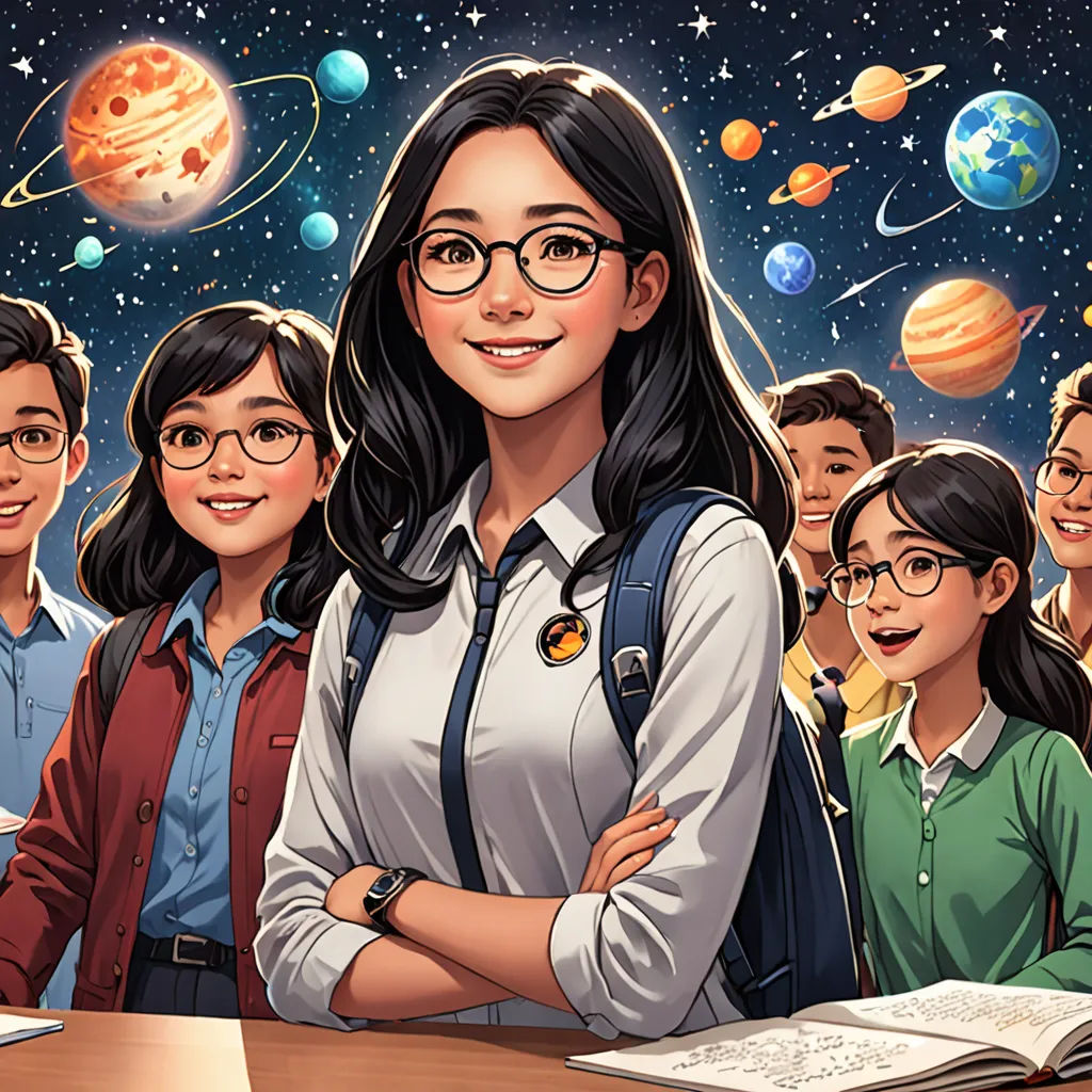a cartoon of a woman standing in front of a group of people with books and planets in the background, space art, a comic book panel, Artgerm, trending on art station