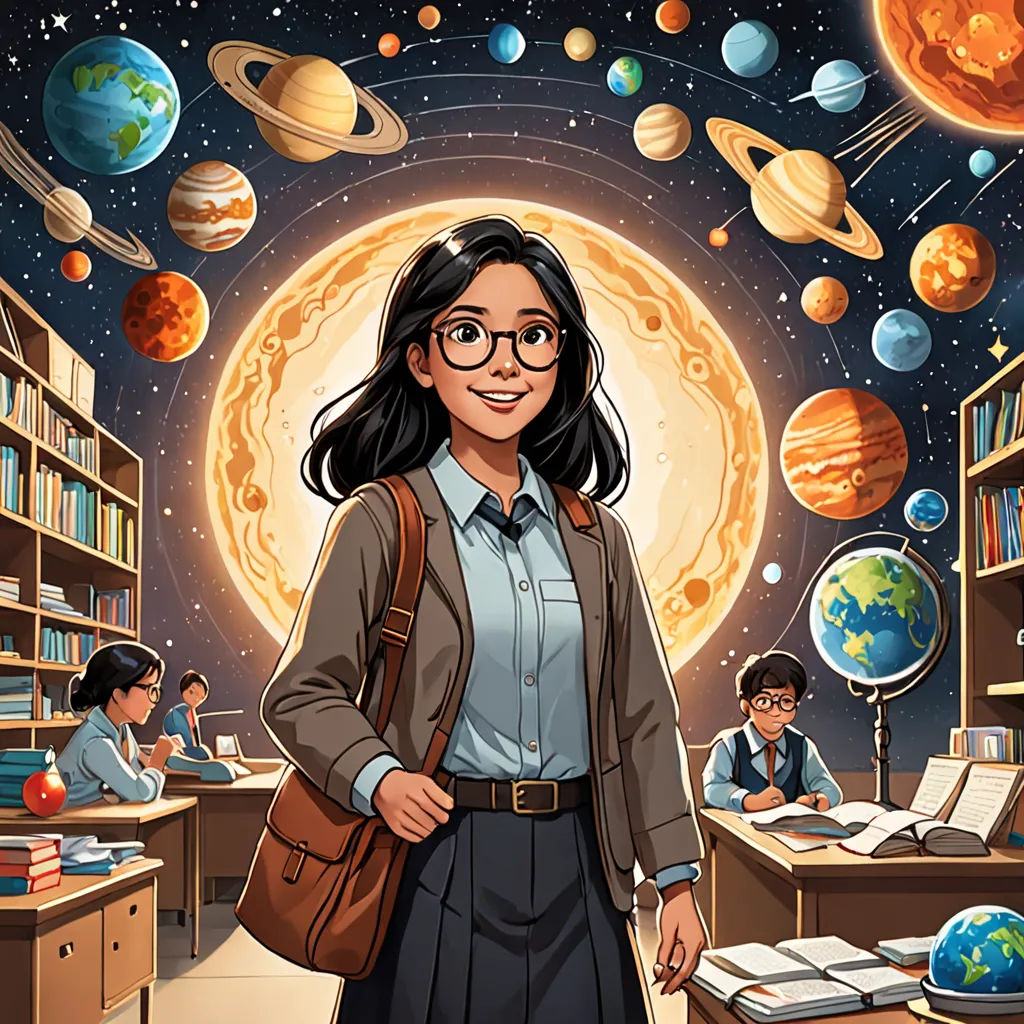 a woman standing in front of a library full of books and planets above her head is a boy with a backpack, space art, a storybook illustration, Choi Buk, comic cover art