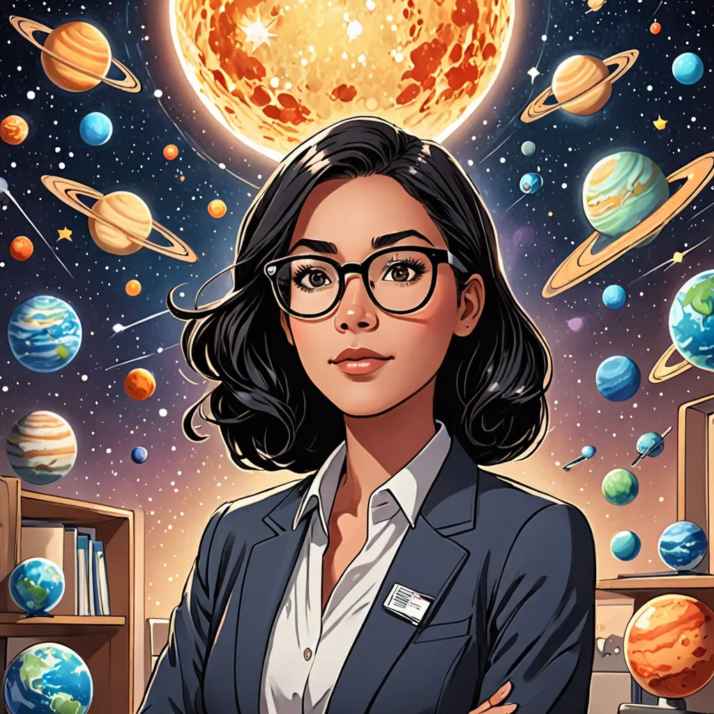 a woman in a suit and glasses standing in front of a space scene with planets and stars above her, space art, a character portrait, Atey Ghailan, high detail illustration